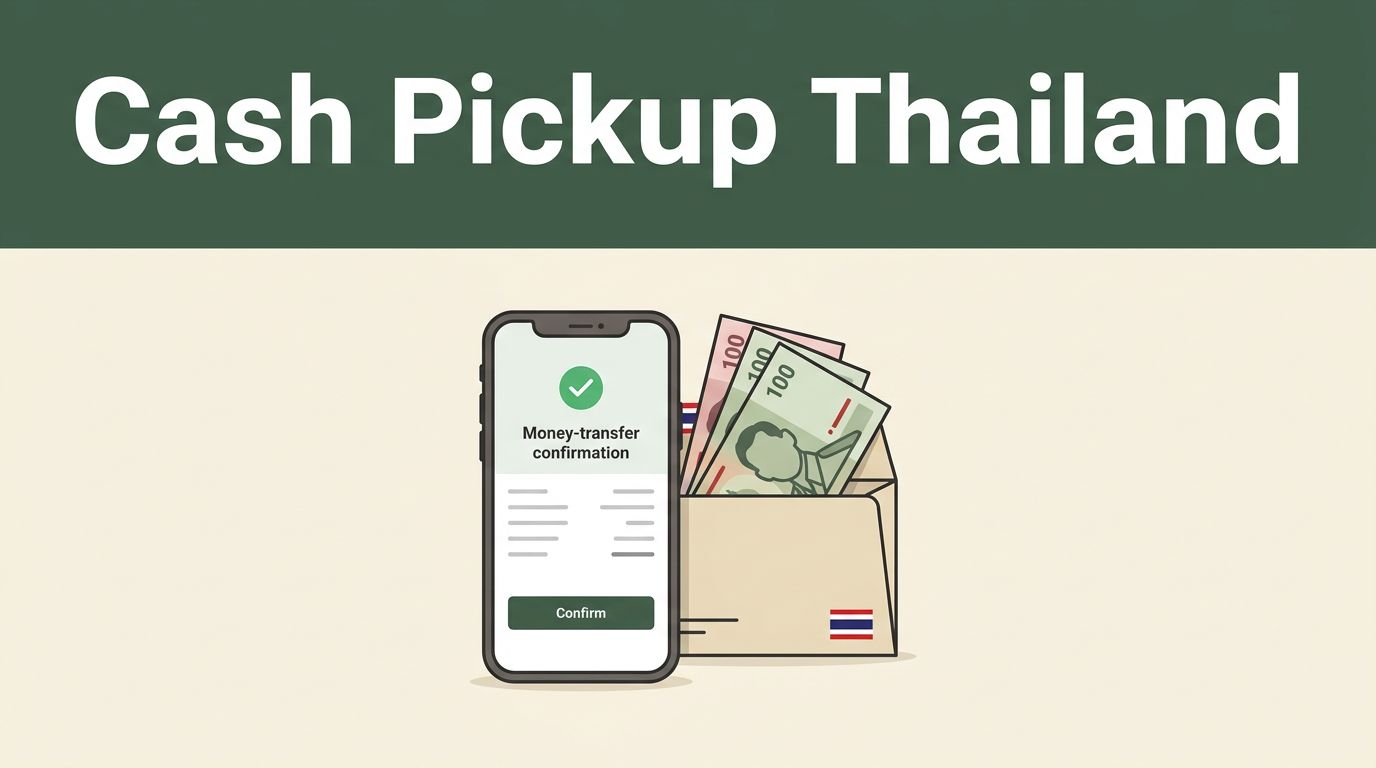 Phone, Thai baht, and a cash-pickup envelope on a cream background.
