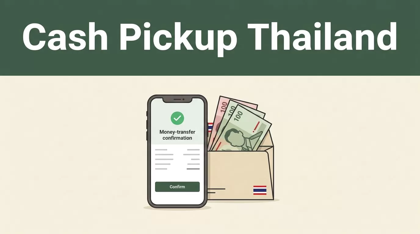Phone, Thai baht, and a cash-pickup envelope on a cream background.