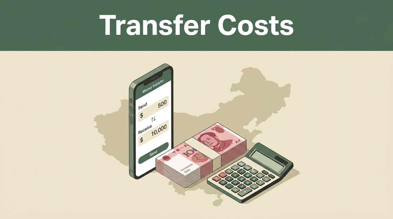 Smartphone, yuan banknotes, and calculator arranged with a China map and green cost banner.