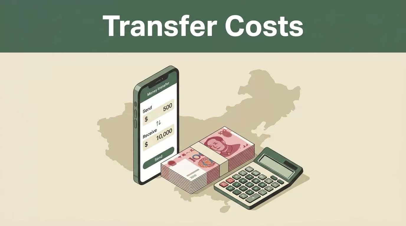 Smartphone, yuan banknotes, and calculator arranged with a China map and green cost banner.