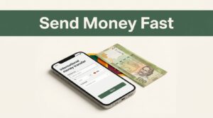 A smartphone and Sri Lankan rupee note sit beneath a dark-green money transfer banner.