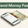 A smartphone and Sri Lankan rupee note sit beneath a dark-green money transfer banner.