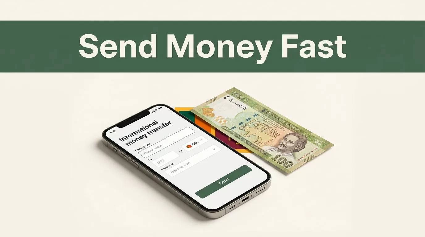 A smartphone and Sri Lankan rupee note sit beneath a dark-green money transfer banner.