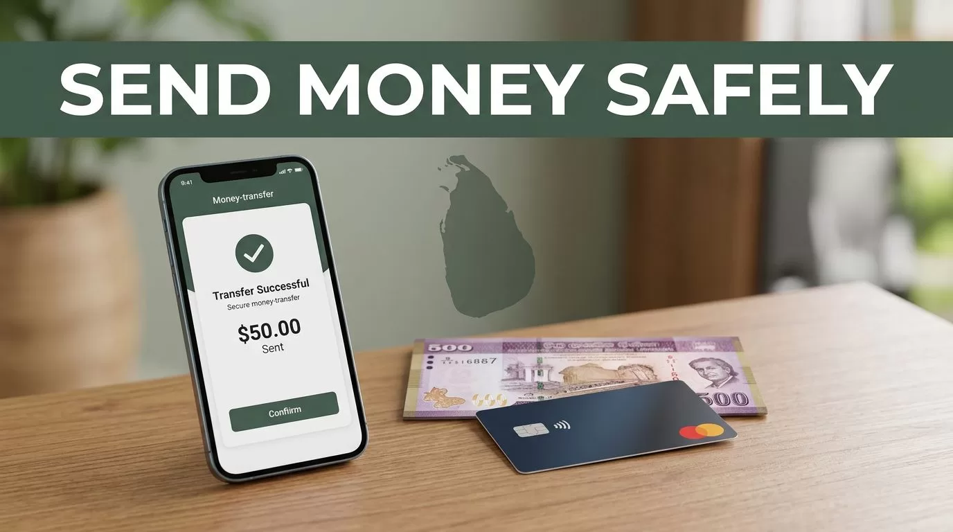 A smartphone with a transfer confirmation, a bank card, and currency on a desk.