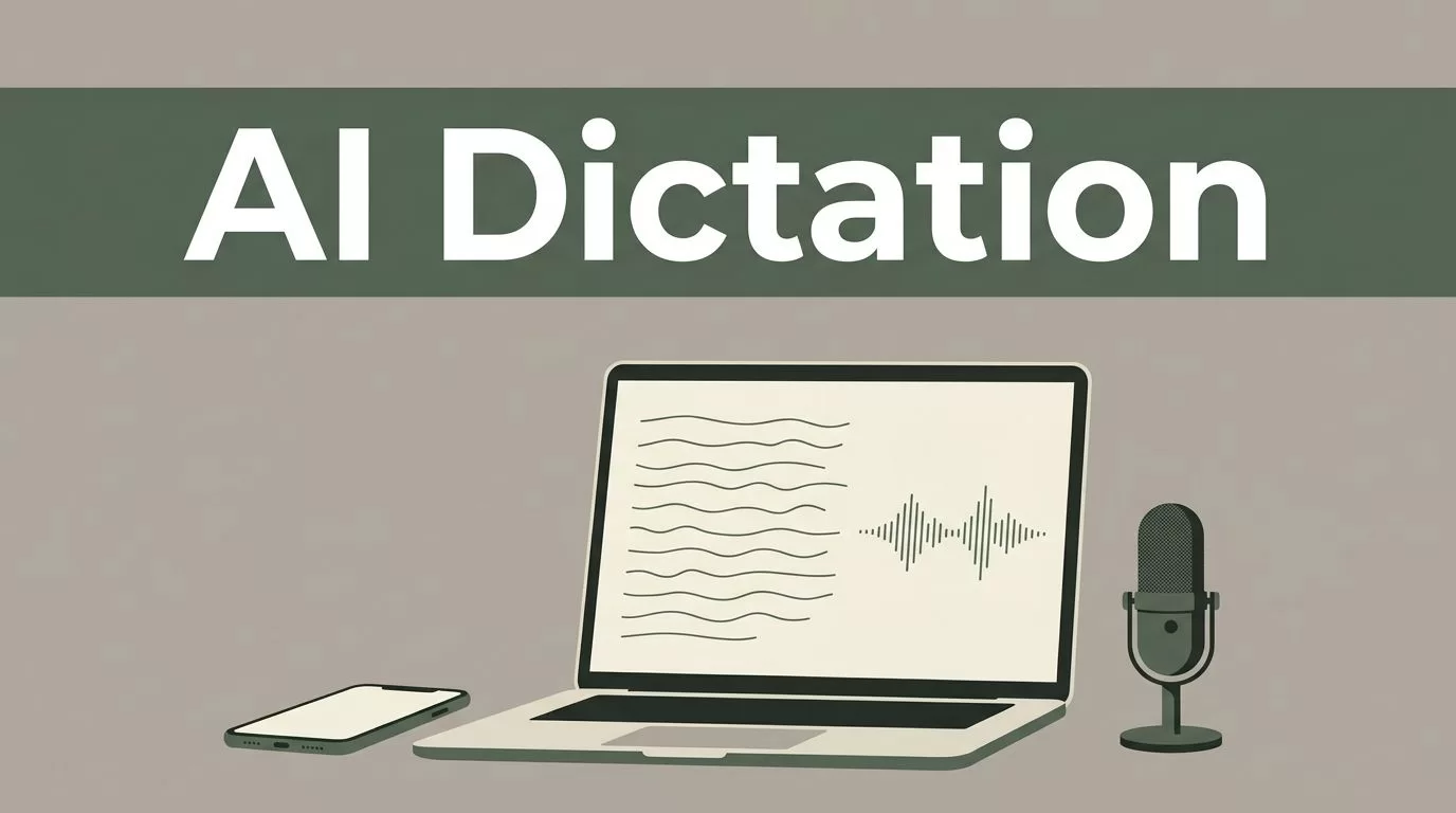 A minimalist workspace with a laptop, microphone, and a dark green header bar displaying white text.