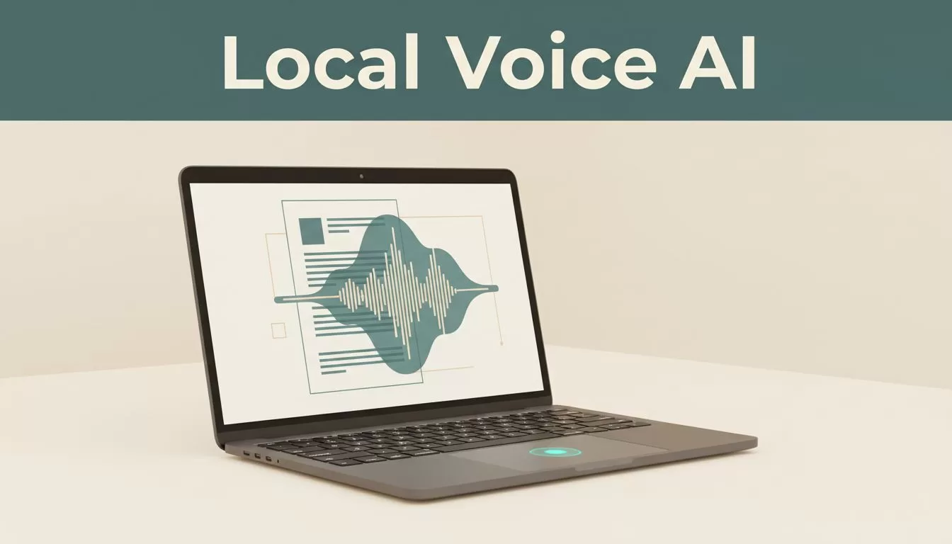 A laptop on a clean desk shows a document converting into an audio waveform with a local processing light.
