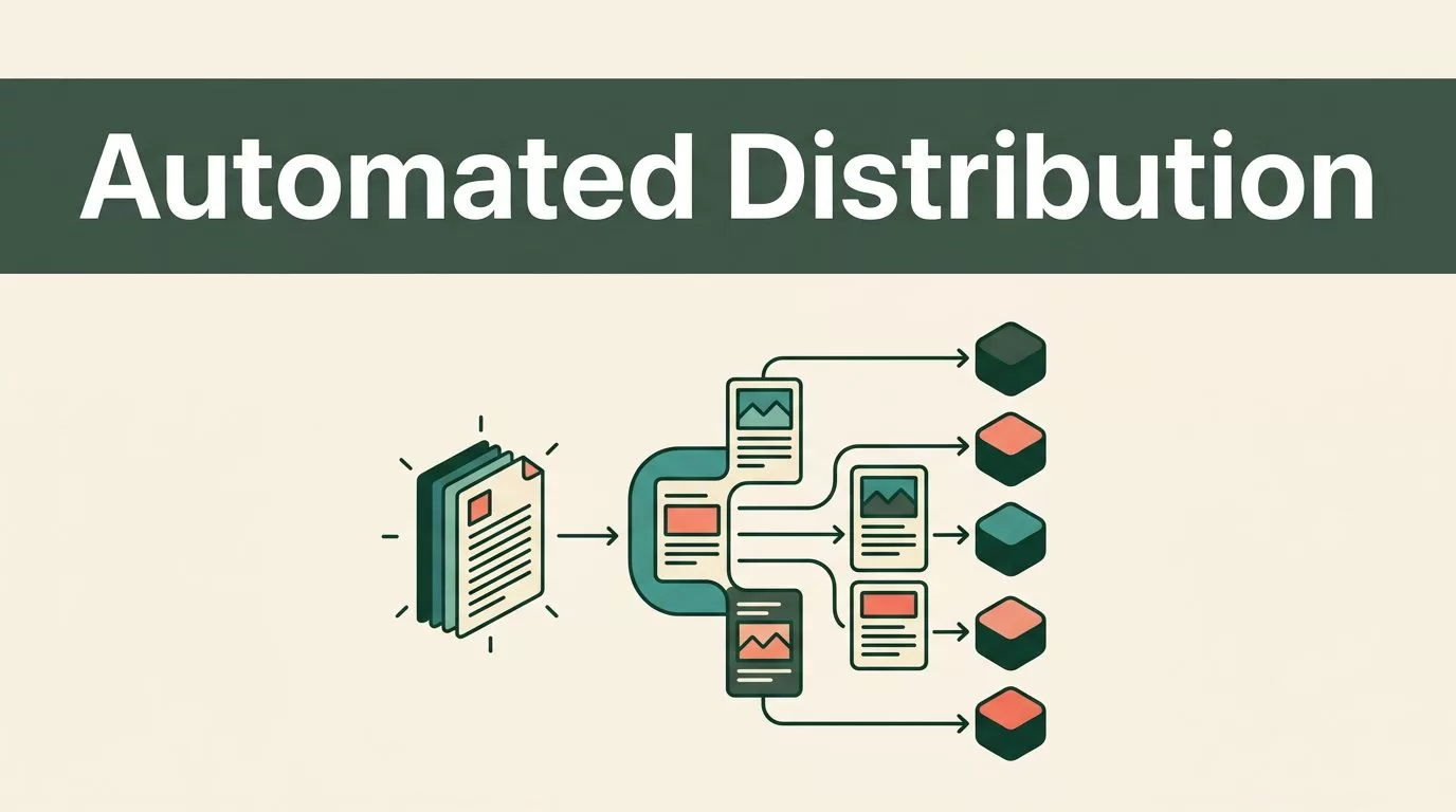 A glowing document connects to content cards and five channel nodes below a green banner.