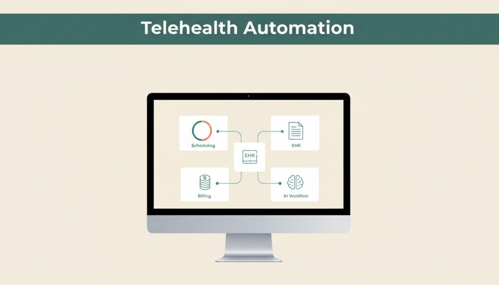 A clinic operations monitor showing connected scheduling and billing panels with data links.