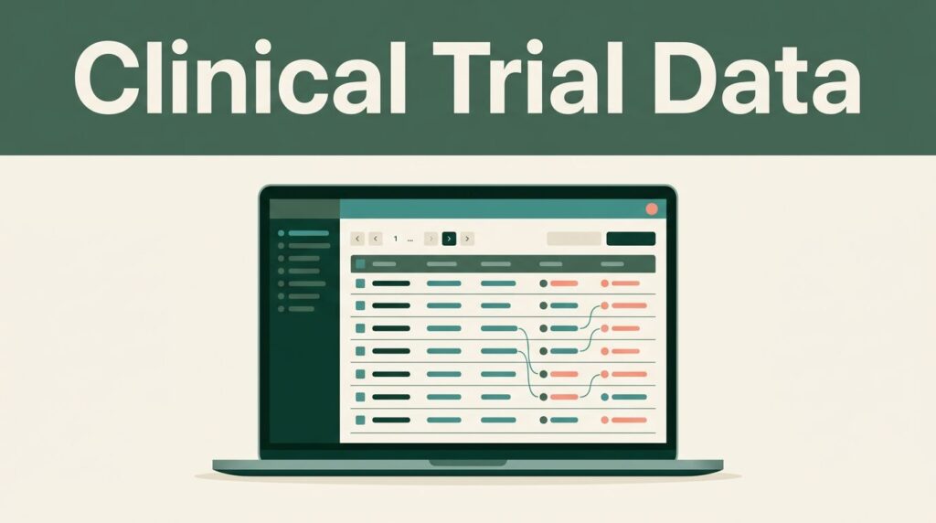 An open laptop displaying a structured clinical trial data dashboard on a warm background.