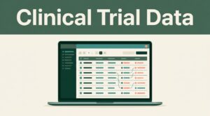 An open laptop displaying a structured clinical trial data dashboard on a warm background.