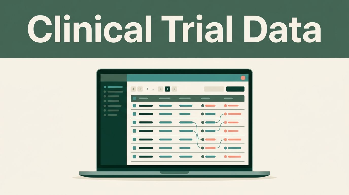 An open laptop displaying a structured clinical trial data dashboard on a warm background.