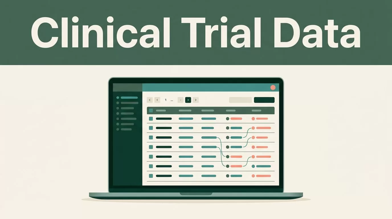 An open laptop displaying a structured clinical trial data dashboard on a warm background.