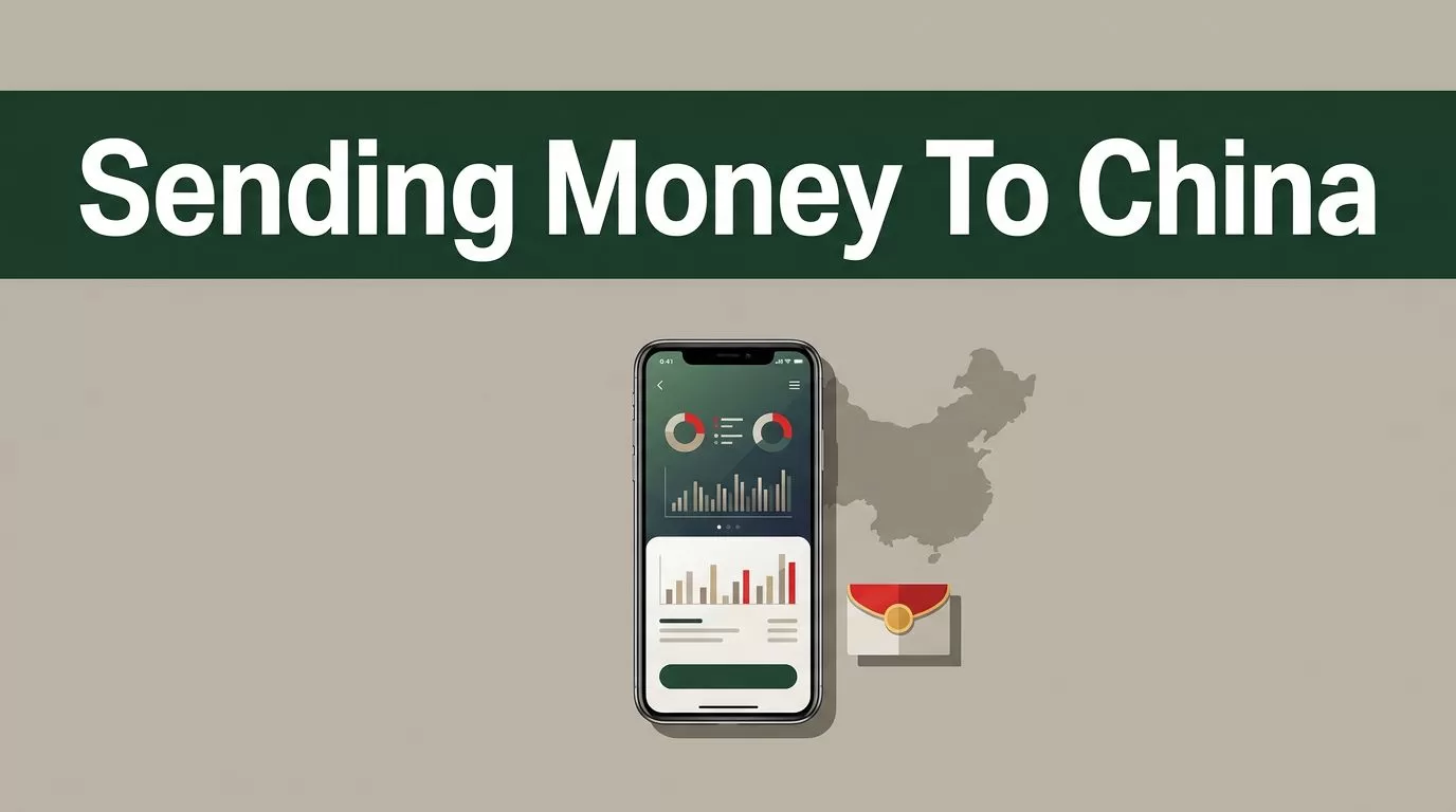 A smartphone showing a digital transfer screen next to a China map outline and currency envelope.