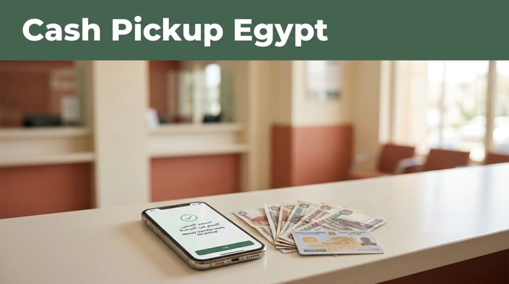 A smartphone showing transfer details, Egyptian cash, and an ID card on a counter.