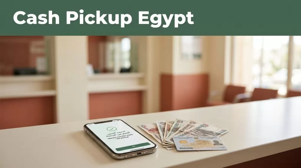 A smartphone showing transfer details, Egyptian cash, and an ID card on a counter.