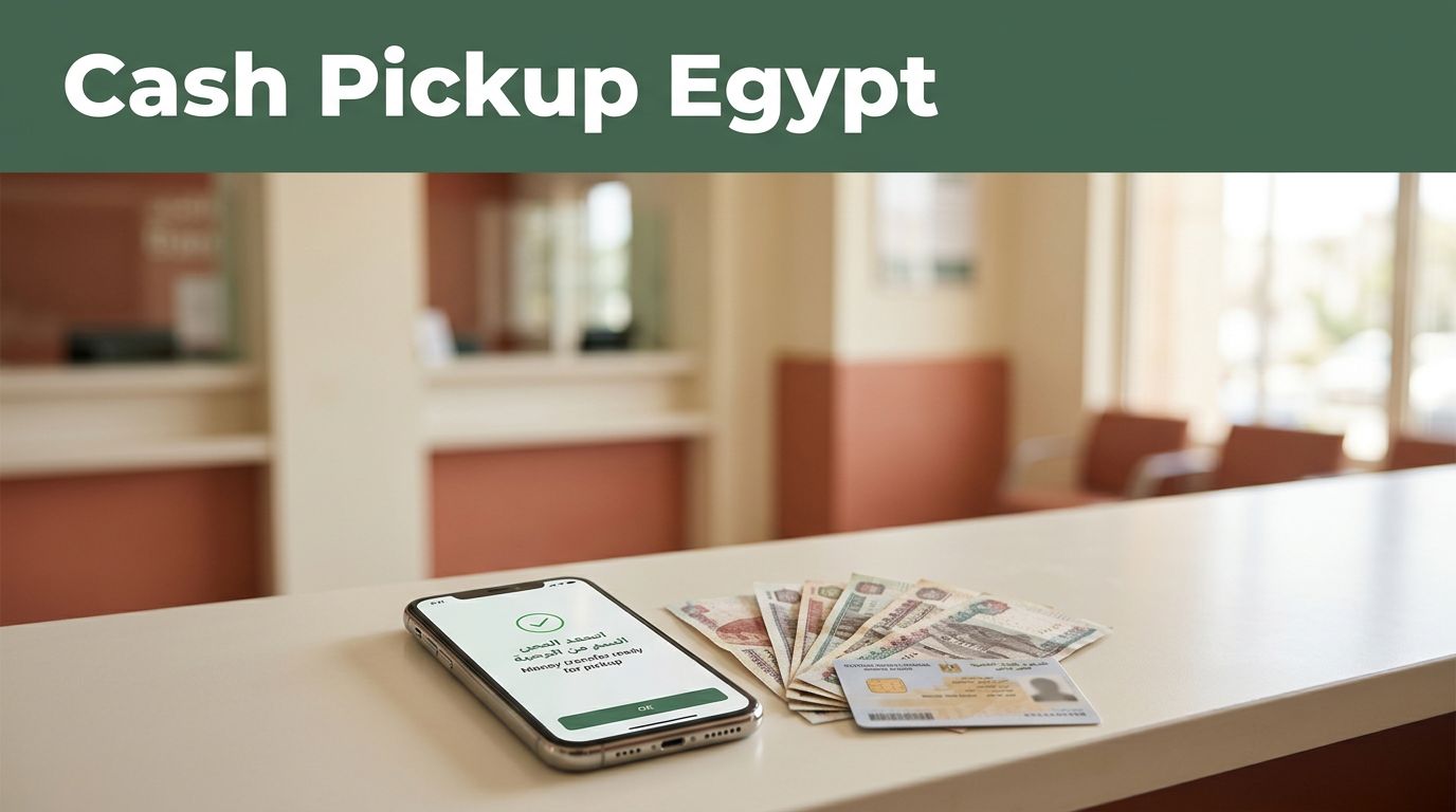 A smartphone showing transfer details, Egyptian cash, and an ID card on a counter.