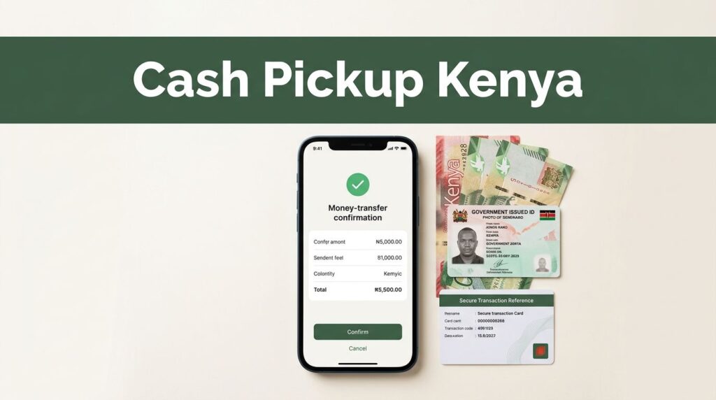 A smartphone displaying a transfer confirmation beside Kenyan cash and an ID card.