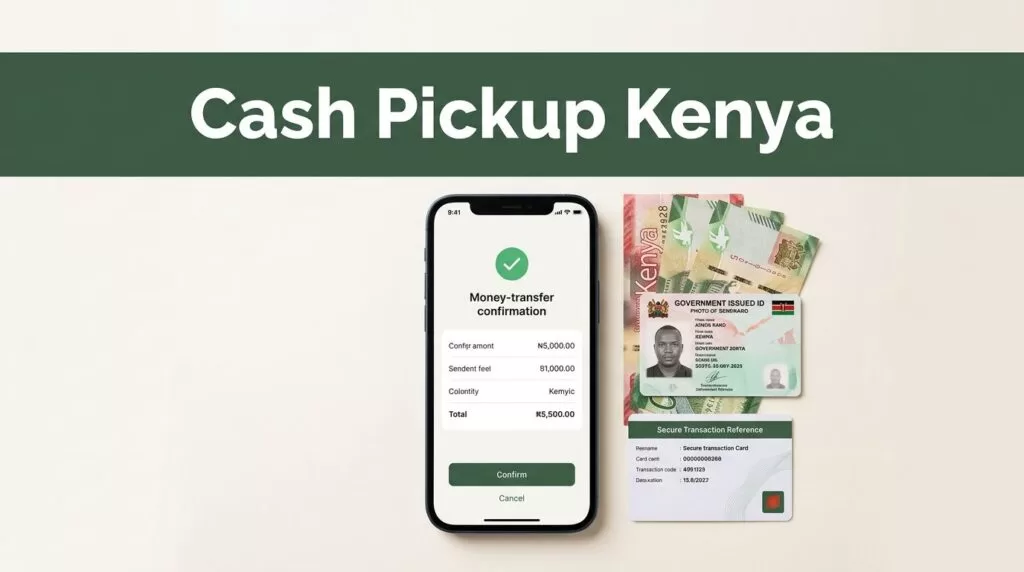 A smartphone displaying a transfer confirmation beside Kenyan cash and an ID card.