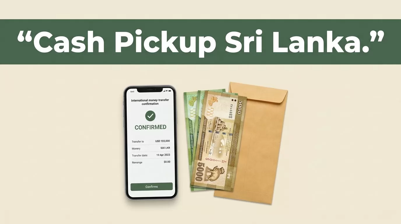 A smartphone showing a transfer confirmation screen beside Sri Lankan rupee notes and a cash envelope.