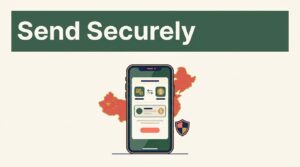 A smartphone showing a secure transfer app next to a China map silhouette and shield.