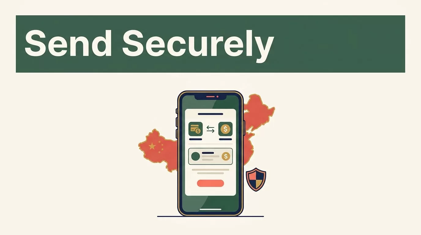 A smartphone showing a secure transfer app next to a China map silhouette and shield.