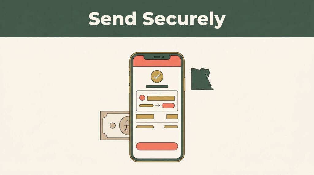 A smartphone displaying a transfer screen next to an Egyptian pound note and map silhouette.
