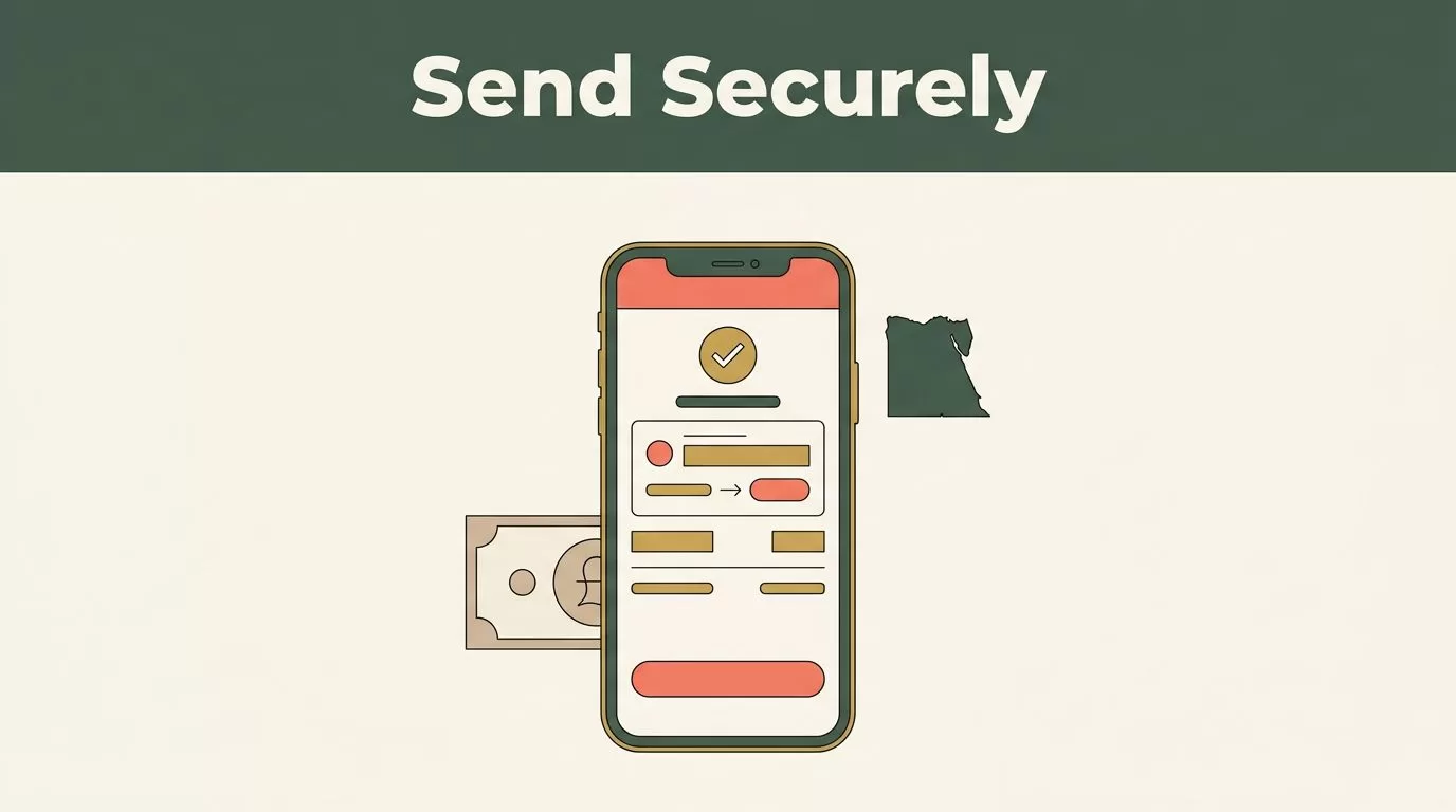 A smartphone displaying a transfer screen next to an Egyptian pound note and map silhouette.