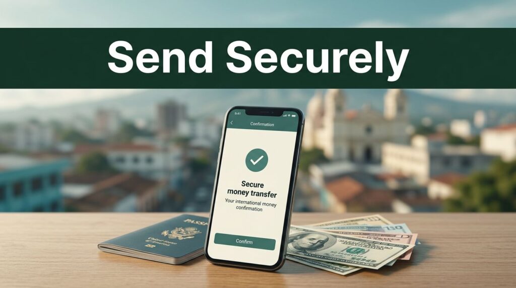 A smartphone showing a money transfer confirmation next to a passport.