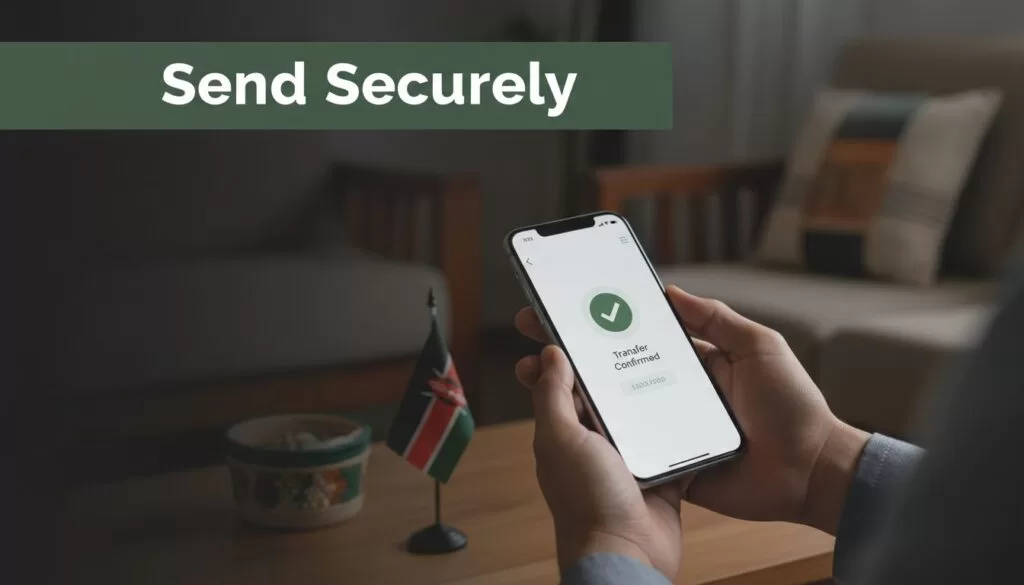 A smartphone showing a secure money transfer screen in a Kenyan home.