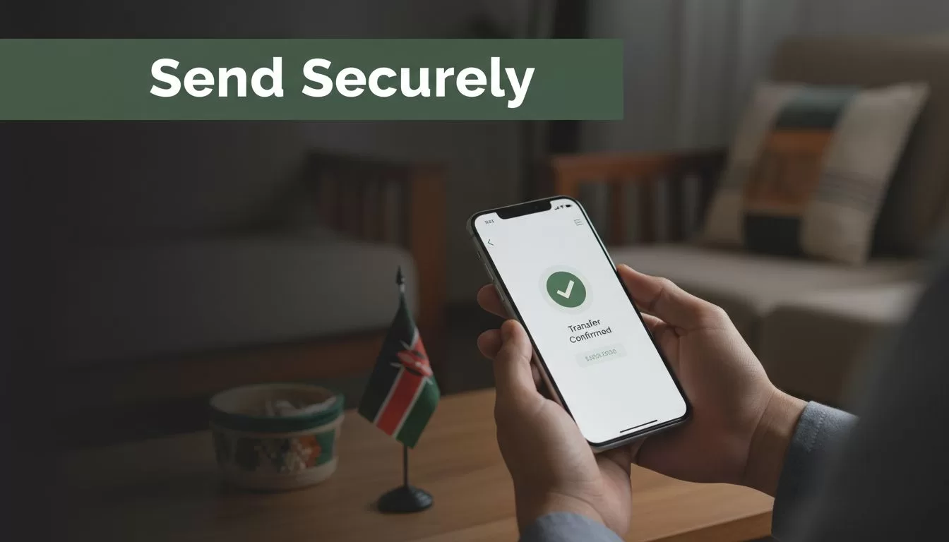 A smartphone showing a secure money transfer screen in a Kenyan home.