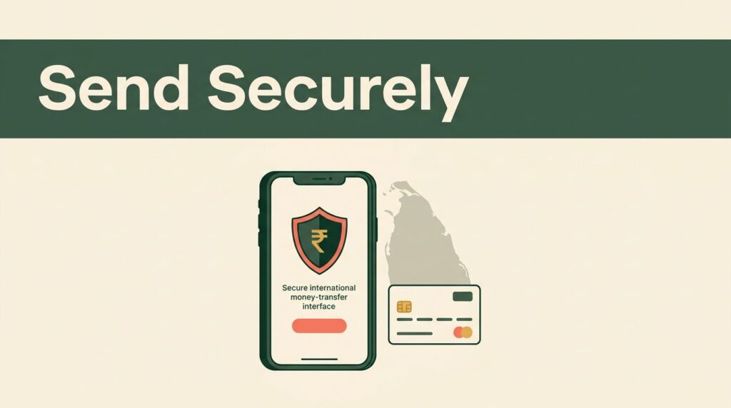 A smartphone showing a secure financial transfer app beside a bank card and map.