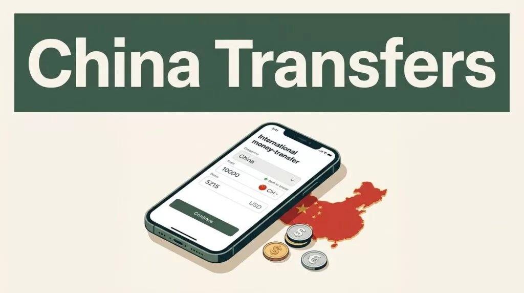 A smartphone beside a China map and currency coins on a light background.
