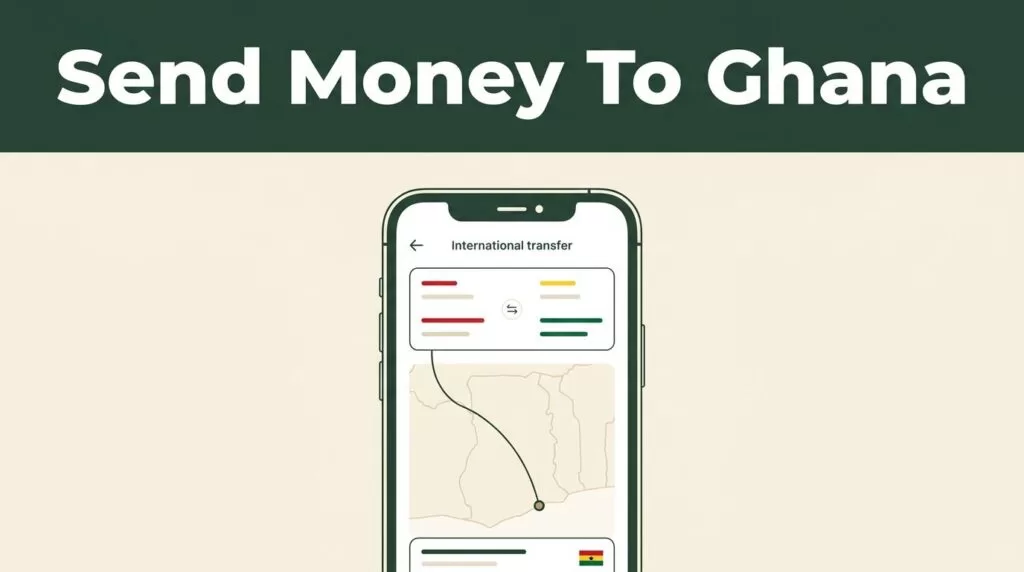 A smartphone showing a money transfer app against a dark green and cream background.
