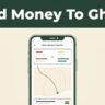 A smartphone showing a money transfer app against a dark green and cream background.