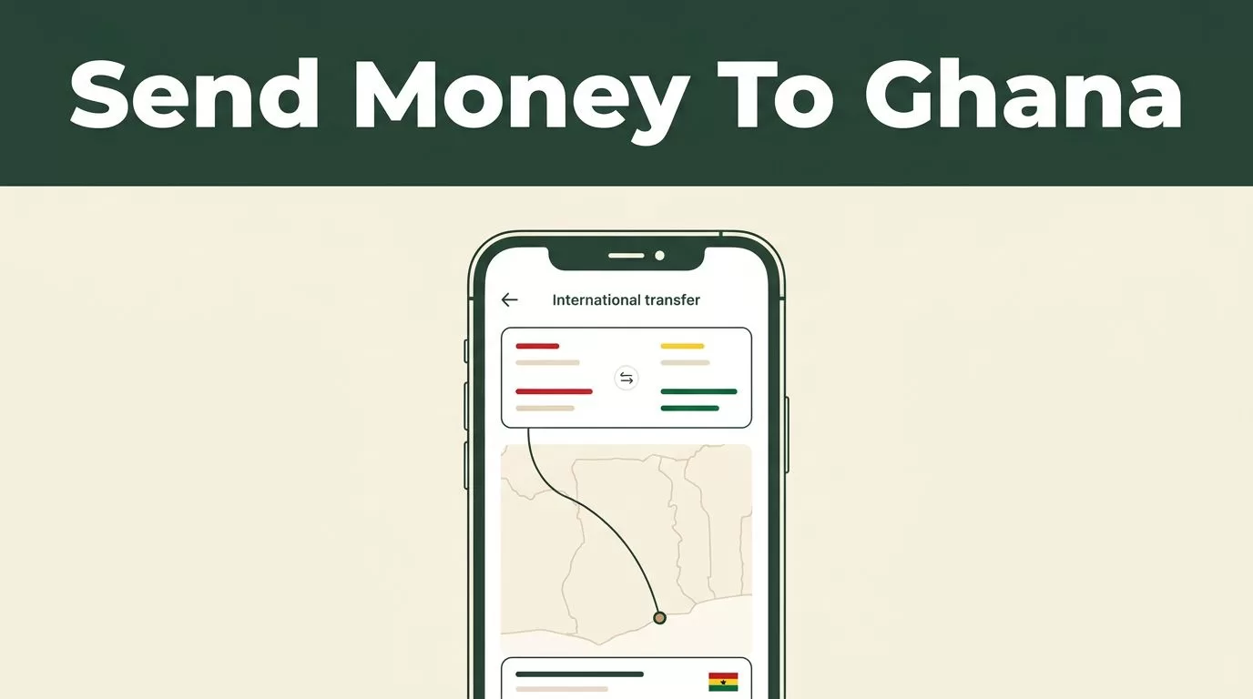 A smartphone showing a money transfer app against a dark green and cream background.