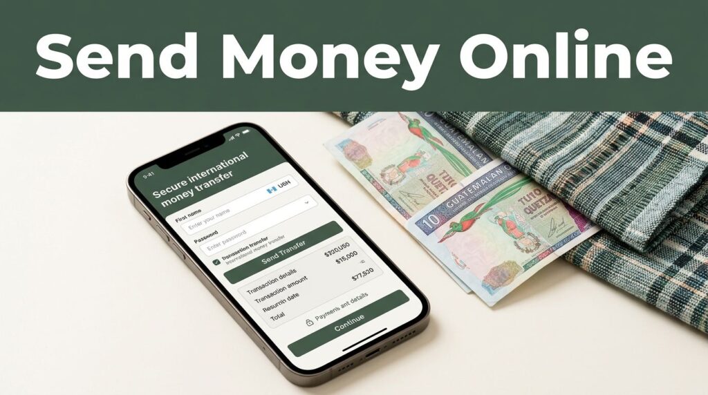 A smartphone displaying a secure money transfer app next to a banknote and woven textile.