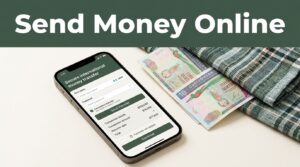 A smartphone displaying a secure money transfer app next to a banknote and woven textile.
