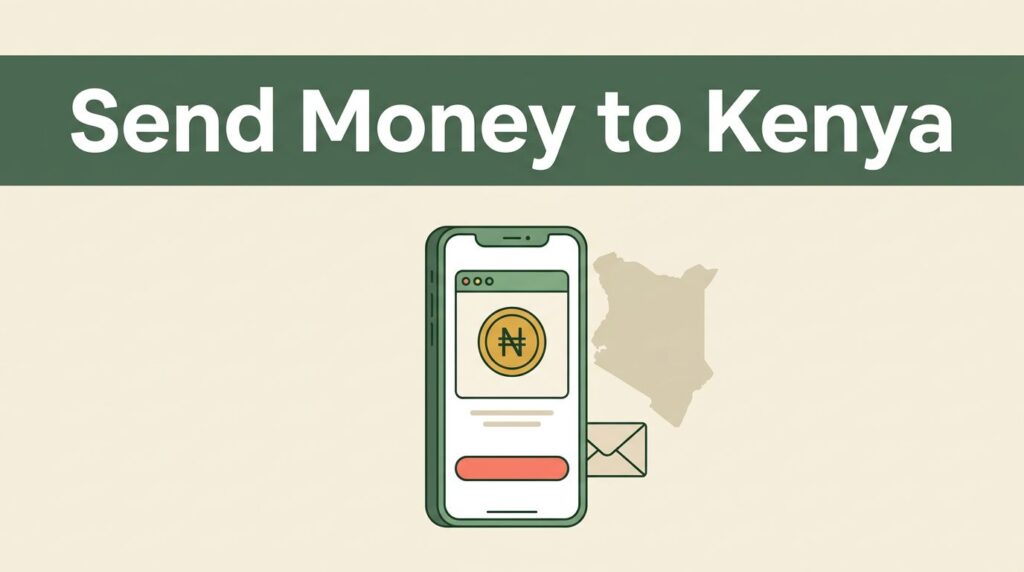 A smartphone showing a secure money transfer interface for Kenya next to a map outline.