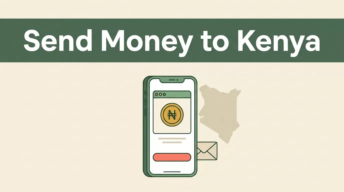A smartphone showing a secure money transfer interface for Kenya next to a map outline.