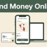 A smartphone showing a Peru transfer app next to a laptop and payment card on a cream background.