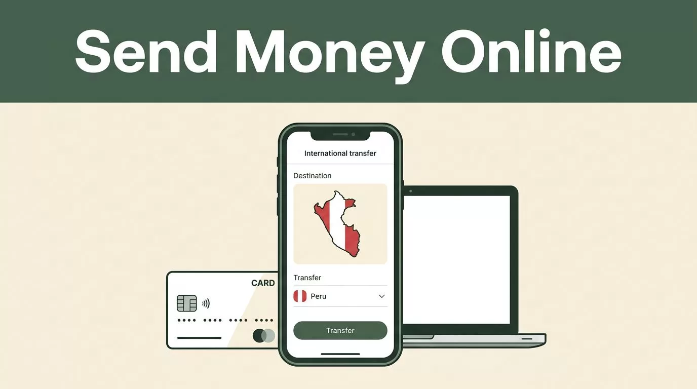 A smartphone showing a Peru transfer app next to a laptop and payment card on a cream background.
