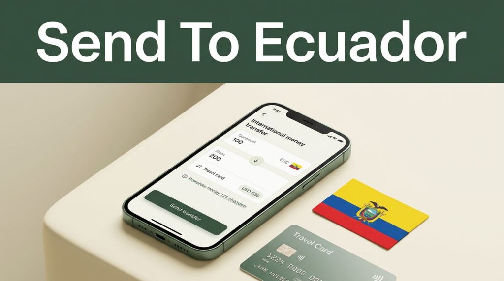 A smartphone showing a transfer app next to an Ecuadorian flag on a cream table.