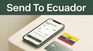 A smartphone showing a transfer app next to an Ecuadorian flag on a cream table.