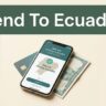 A smartphone showing an Ecuador money transfer screen beside a payment card and cash.