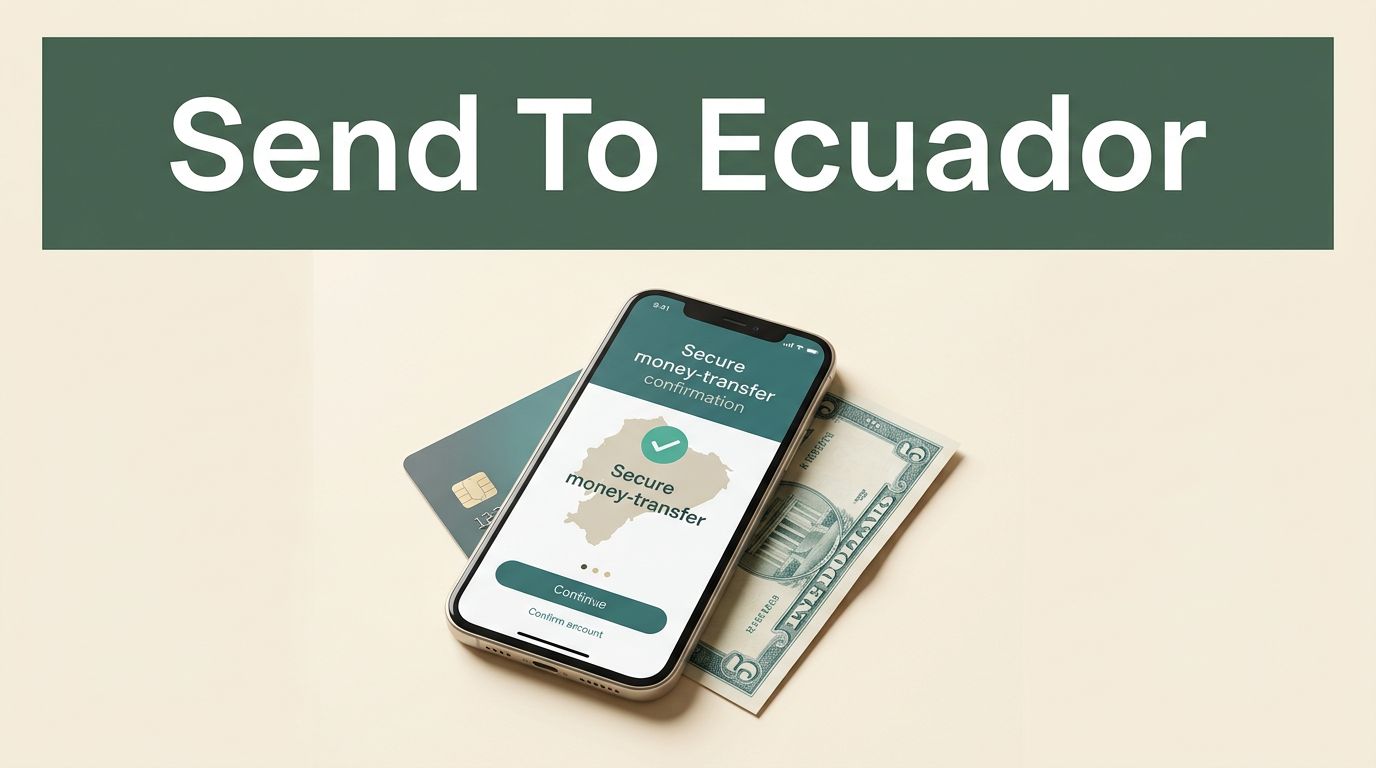 A smartphone showing an Ecuador money transfer screen beside a payment card and cash.