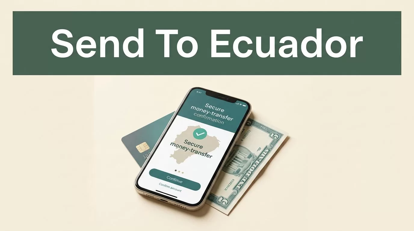 A smartphone showing an Ecuador money transfer screen beside a payment card and cash.