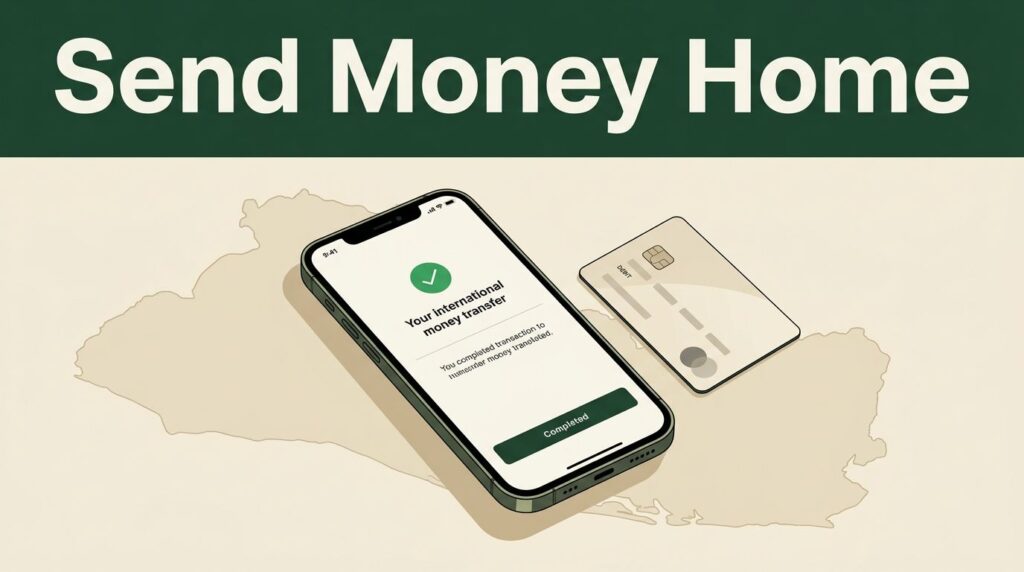 A smartphone displaying a money transfer screen next to a bank card and a map outline.