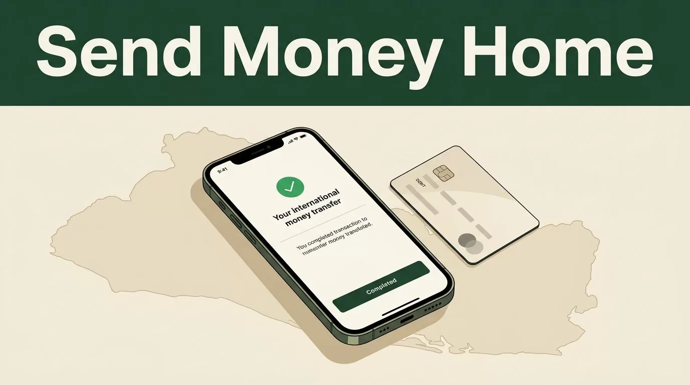 A smartphone displaying a money transfer screen next to a bank card and a map outline.