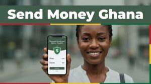 A smiling woman holding a smartphone with a secure money transfer app.