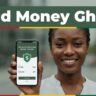 A smiling woman holding a smartphone with a secure money transfer app.